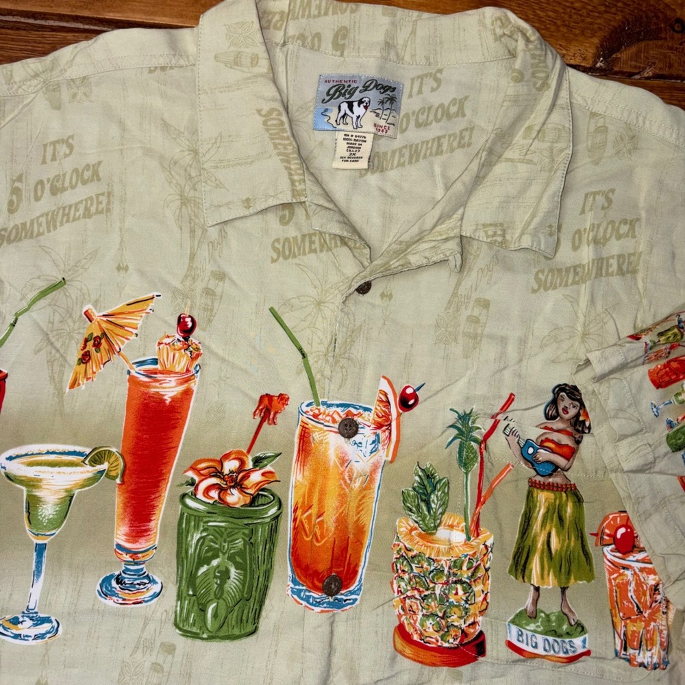 Vtg Big Dogs Button Shirt 3X Colorful 5 O'Clock Somewhere Tiki Cocktail Rayon